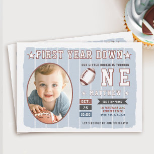 Football Thema Dusty Blue Stripes Boy 1st Birthday Kaart