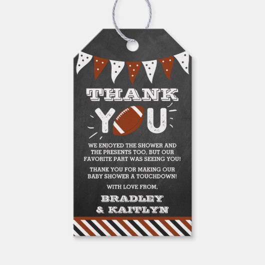 Football thema gecodeerd Baby shower Cadeaulabel (Voorkant)