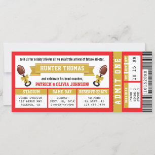Football Ticket Baby shower Invitation, rood, goud Kaart