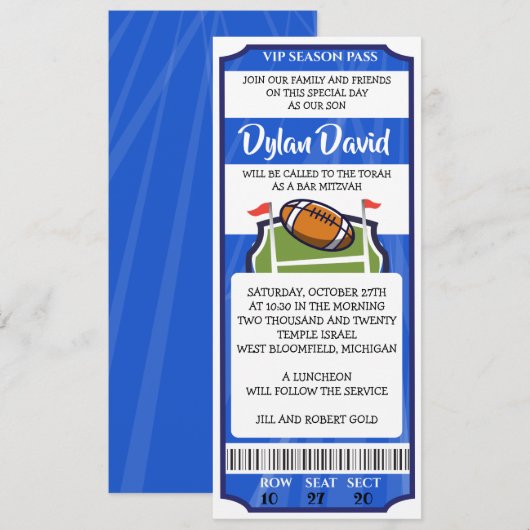 FOOTBALL TICKET Bar Bat Mitzvah Uitnodiging (Voorkant / Achterkant)