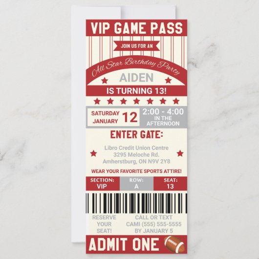 Football Ticket Birthday Uitnodiging (Voorkant)