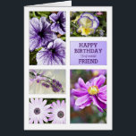 For friend, Lavender hues floral birthday<br><div class="desc">A garden of flowers in lavender hues and shades. A collection of beautiful flowers including lavender,  petunia,  pany,  cape daisy,  and Japanese anemone. A birthday card for a wonderful friend. A est moderne,  on est traditionnel. Inside the card is a lovely verse. Copyright Norma</div>