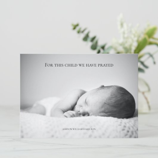 For This Child We Have Prayed  Baby Shower Bedankkaart (Staand voorkant)