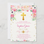 Foral et Gold Cross Christening Invitation (Devant)