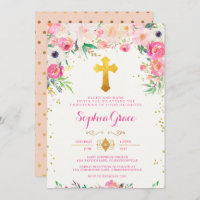 Foral et Gold Cross Christening Invitation