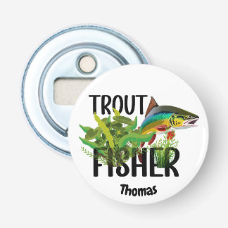 Forel Fisher Regenboogforel in natuurlijke omgevin Button Flesopener