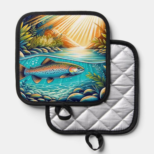 Forel in de kristalheldere rivier onder het weelde pannenlap (Voorkant / Achterkant)