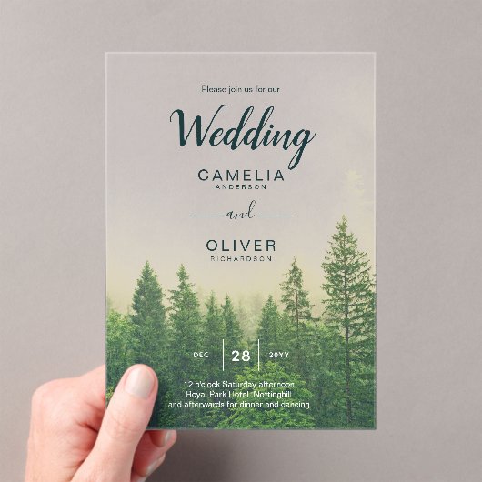 Forest Acrylic Wedding nodigt mistige pijnbomen ui Acryl Uitnodigingen (Insitu (Draagbaar))