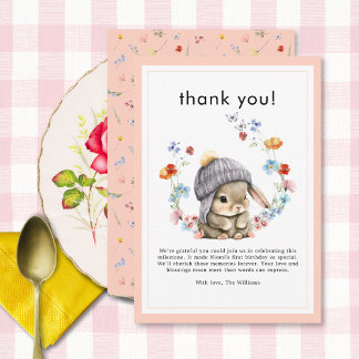 Forest Animal Bunny Botanical 1st Birthday  Bedankkaart
