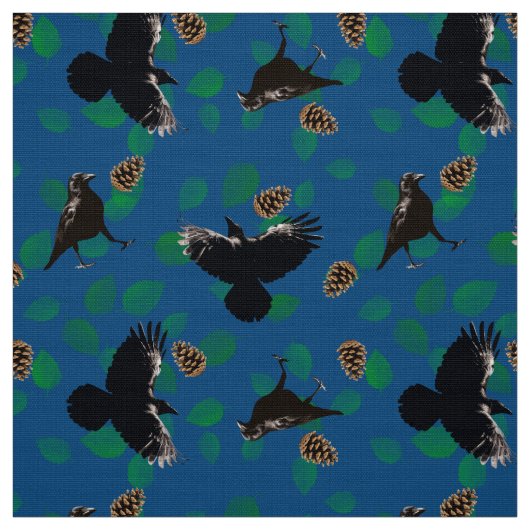 Forest Animal Leaf Crow Pattern Zwarte vogel op bl Stof (Swatch)