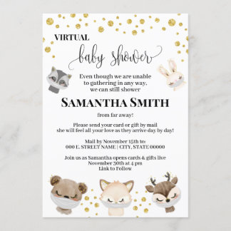 Forest Animal Virtual Baby shower Gold Glitter Kaart