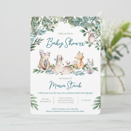 Forest Animal Woodland Baby Shower Invitation (Debout devant)