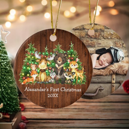 Forest Animals Lights Baby Eerste Kerstfoto Keramisch Ornament