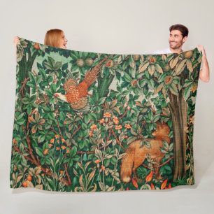 FOREST ANIMALS Pheasant ,Red Fox,Green Floral Fleece Deken