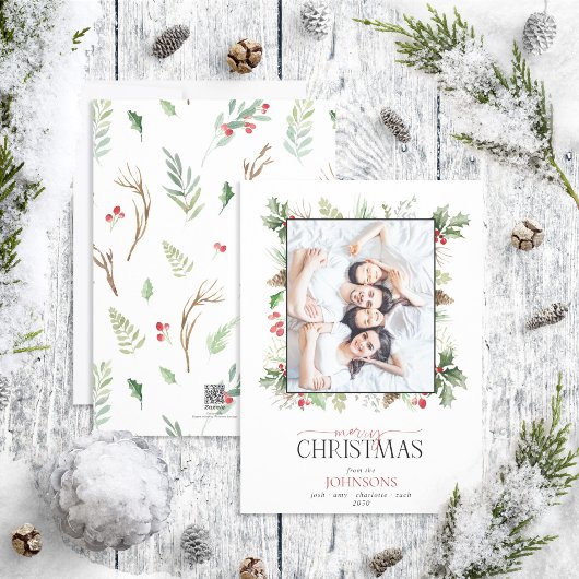 Forest Berry Pinecone Merry-kerstfoto Feestdagenkaart
