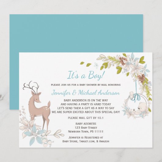Forest Blue Boy Beer Deer Baby shower per post Kaart (Voorkant / Achterkant)