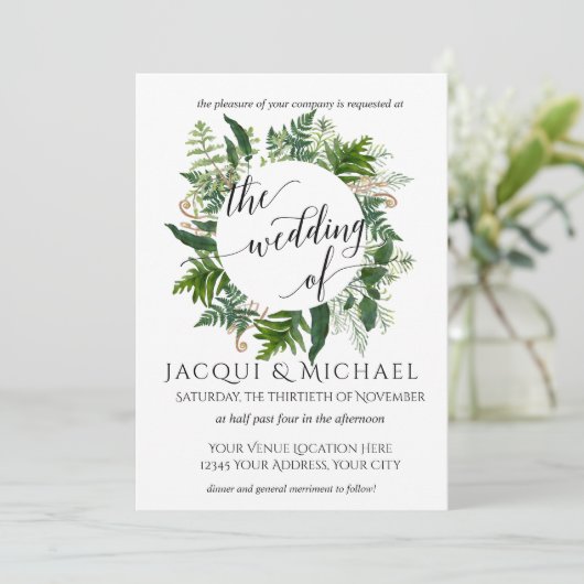 Forest Emerald Fern Foliage Leaf krans bruiloft Kaart (Staand voorkant)