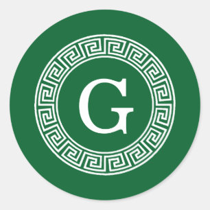 Forest Gr WhGreek Key Rnd Lijst Initiaal Monogram Ronde Sticker