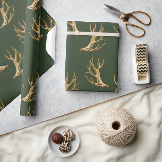 Forest Green Antlers Pattern Masculine Gift Cadeaupapier (Crafts)