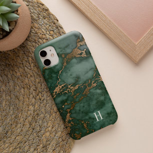 Forest Green & Copper Marble Monogram Case-Mate iPhone 14 Hoesje