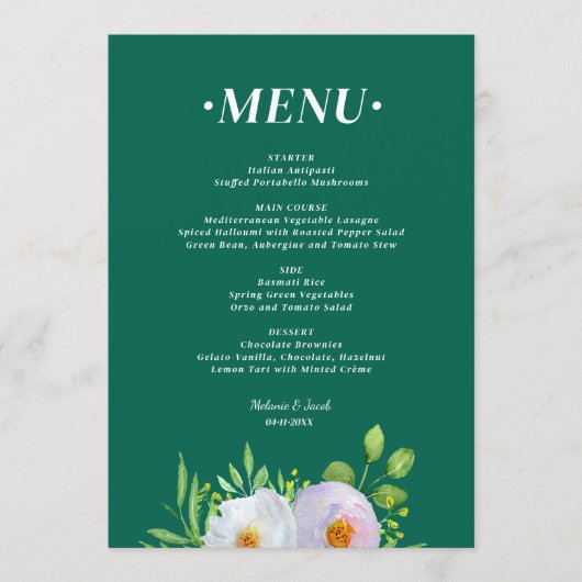 Forest Green Floral Printable Wedding menu  (Devant)