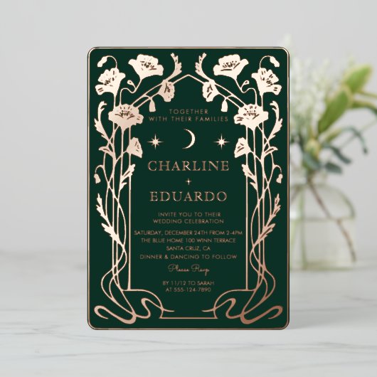 Forest Green & Gold Art Nouveau bruiloft uitnodigi Folie Uitnodiging (Staand Voorkant)