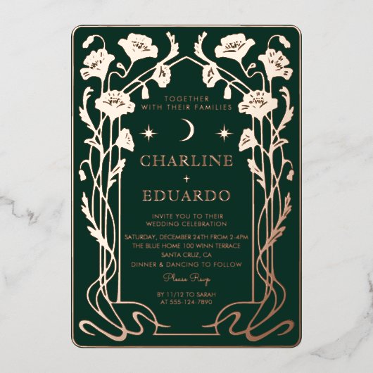 Forest Green & Gold Art Nouveau Faire-part de mari (Recto)