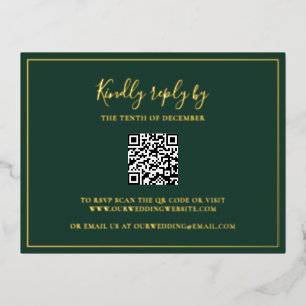Forest Green Gold Foil QR Code Wedding RSVP Kaart