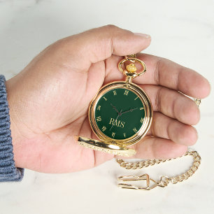 Forest Green Gold Monogrammed Classic Retro Pocket Horloge