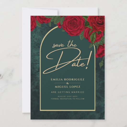 Forest Green Gold RED Roses Winter BEWAREN DATUM Kaart (Voorkant)