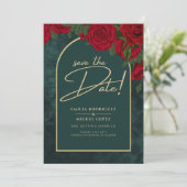 Forest Green Gold RED Roses Winter BEWAREN DATUM Kaart (Staand voorkant)