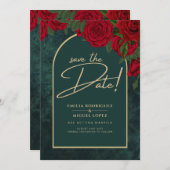 Forest Green Gold RED Roses Winter BEWAREN DATUM Kaart (Voorkant / Achterkant)