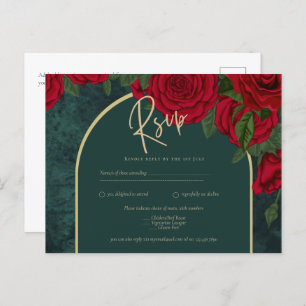 Forest Green Gold RED Roses Winter Wedding Briefkaart