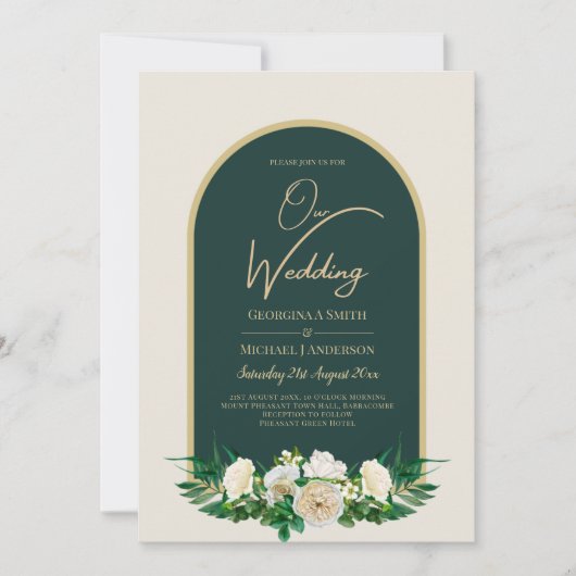 Forest Green Gold White Roses Winter Wedding Kaart (Voorkant)