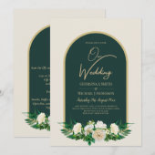 Forest Green Gold White Roses Winter Wedding Kaart (Voorkant / Achterkant)