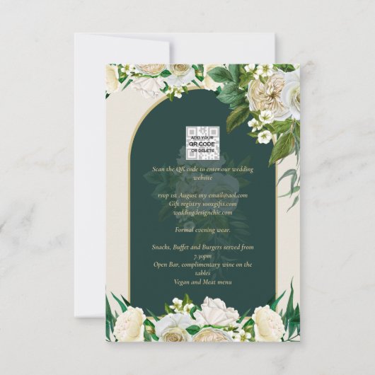 Forest Green Gold White Roses Winter Wedding Kaart (Achterkant)