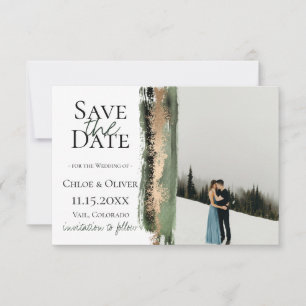Forest Green Golden Brush Photo Save the Date Aankondiging