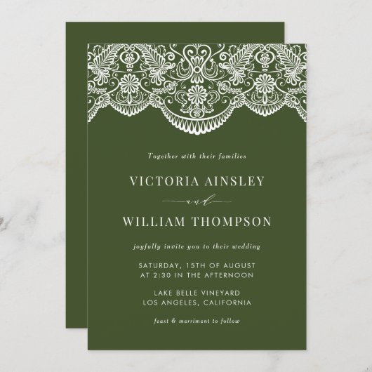 Forest Green Marocain Lace Mod Faire-part de maria (Devant / Derrière)