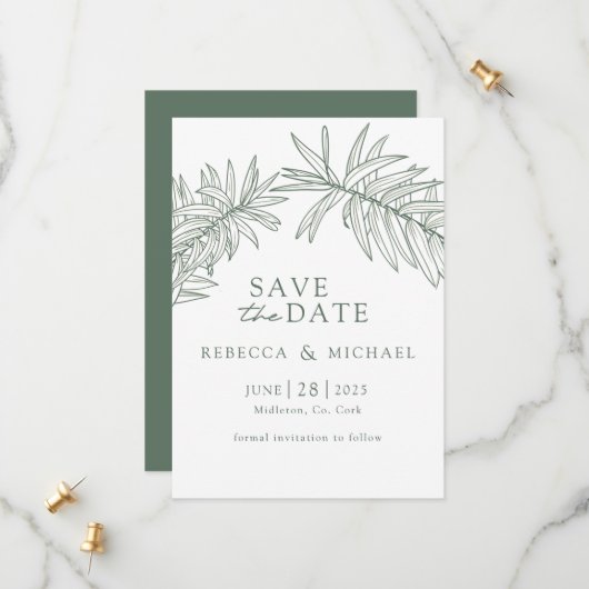 Forest Green Minimalist Botanical Save The Date (Voorkant / Achterkant in situ)