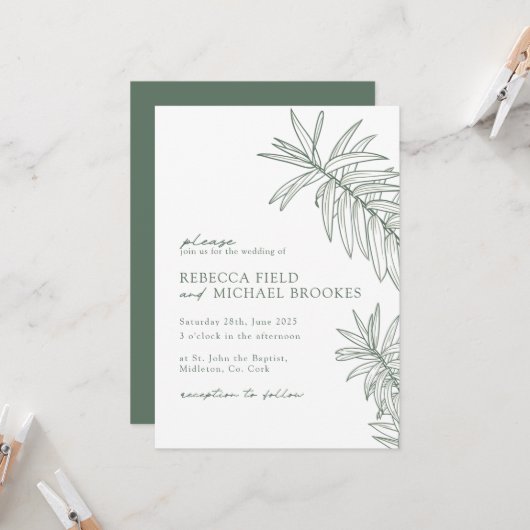 Forest Green Minimalist Botanical Wedding Kaart (Voorkant / Achterkant in situ)