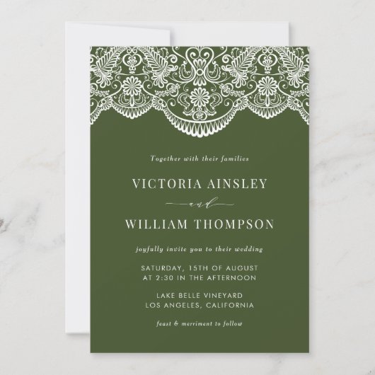 Forest Green Moroccan Lace Mod Wedding Invitation Kaart (Voorkant)