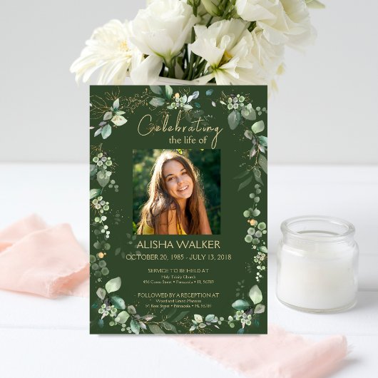 Forest Green Photo Memorial Service Kaart