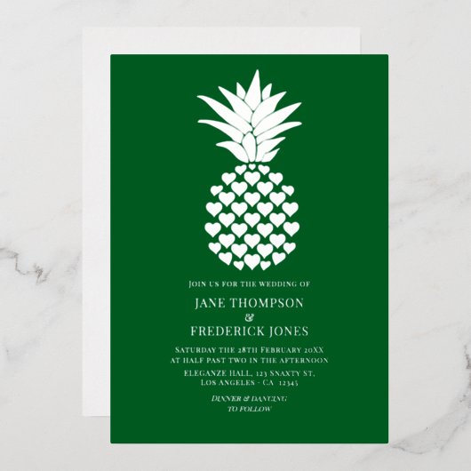 Forest Green & Silver Tropical Pineapple Wedding Folie Uitnodiging (Voorkant / Achterkant)