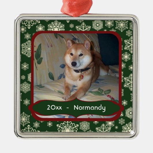 Forest Green Snowflakes Personalized Photo Square Metalen Ornament (Voorkant)
