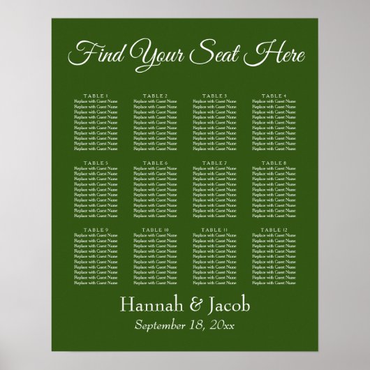 Forest Green Wedding Reception Sezing Chart Poster (Voorkant)