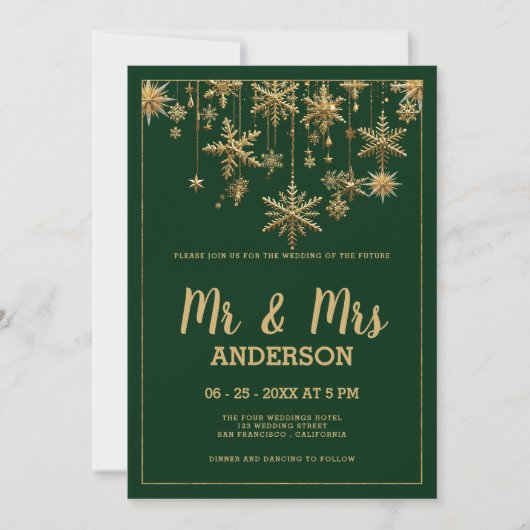Forest groen goud script MR MRS sneeuwvlok Trouwen Kaart (Voorkant)