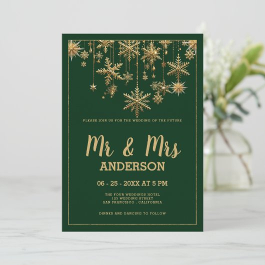 Forest groen goud script MR MRS sneeuwvlok Trouwen Kaart (Staand voorkant)