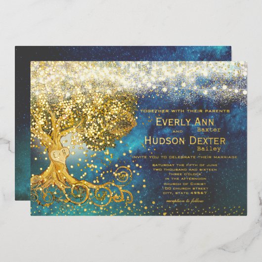 Forest Grove Fairy Lights Blue & Gold Wedding Folie Uitnodiging (Voorkant / Achterkant)