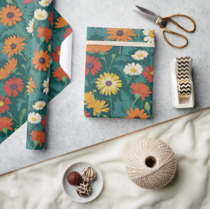 Forest Hunter Groen Sinaasappel Geel Wit Daisy Cadeaupapier