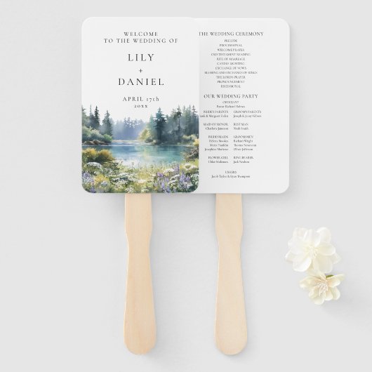 Forest Lakeside Wildflowers Floral Wedding Program Handwaaier (Voorkant en achterkant)
